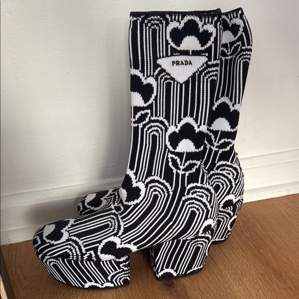 Prada Black and White Patterned Boots